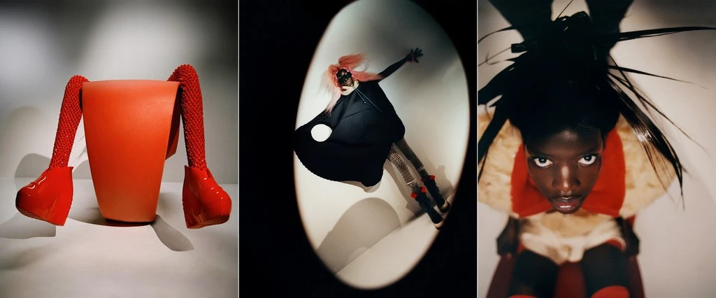 Abstract three-panel design featuring an orange sculpture, a model in dramatic clothing, and an upward shot of a person with striking hair.