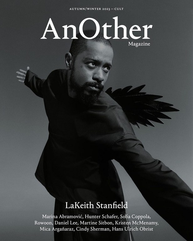 Magazine cover featuring LaKeith Stanfield in a black and white studio shot, with the magazine title 'AnOther' and other text.