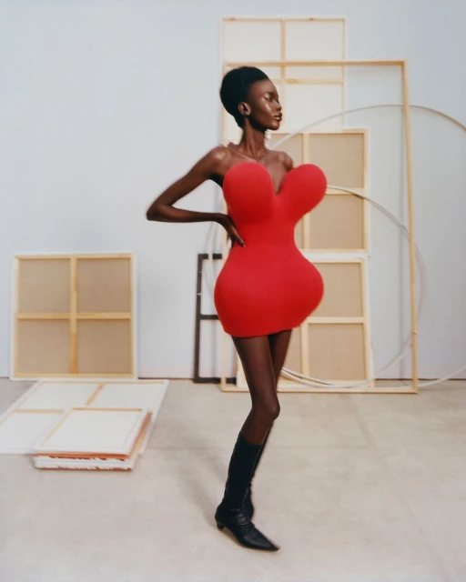 An African American female model poses in a red mini dress and black boots against a plain white backdrop with art supplies.