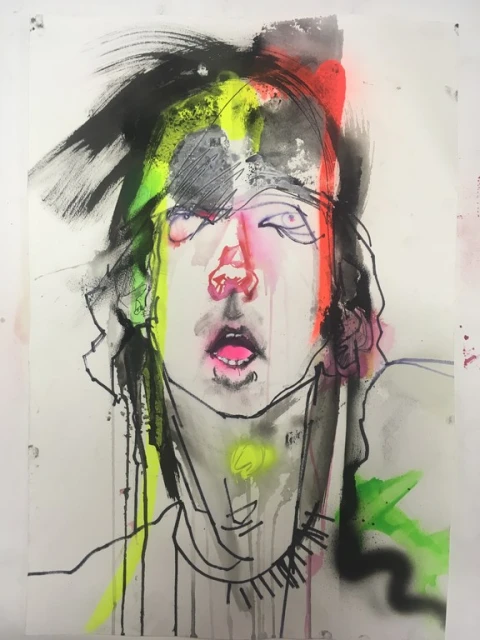 Expressive art illustration features a portrait of a person with neon accents and bold charcoal strokes on a white background.