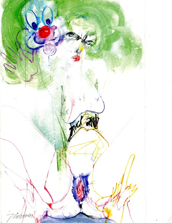 Surreal illustration of a nude woman with green hair and clown illustration, rendered in colorful pencil and ink on white background.