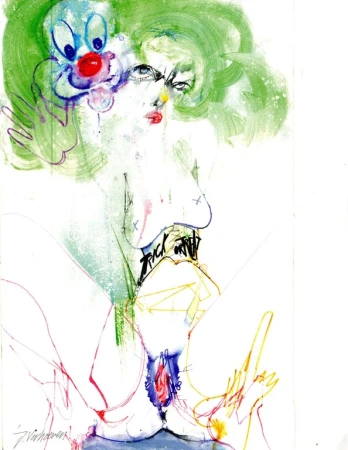 Surreal illustration of a nude woman with green hair and clown illustration, rendered in colorful pencil and ink on white background.