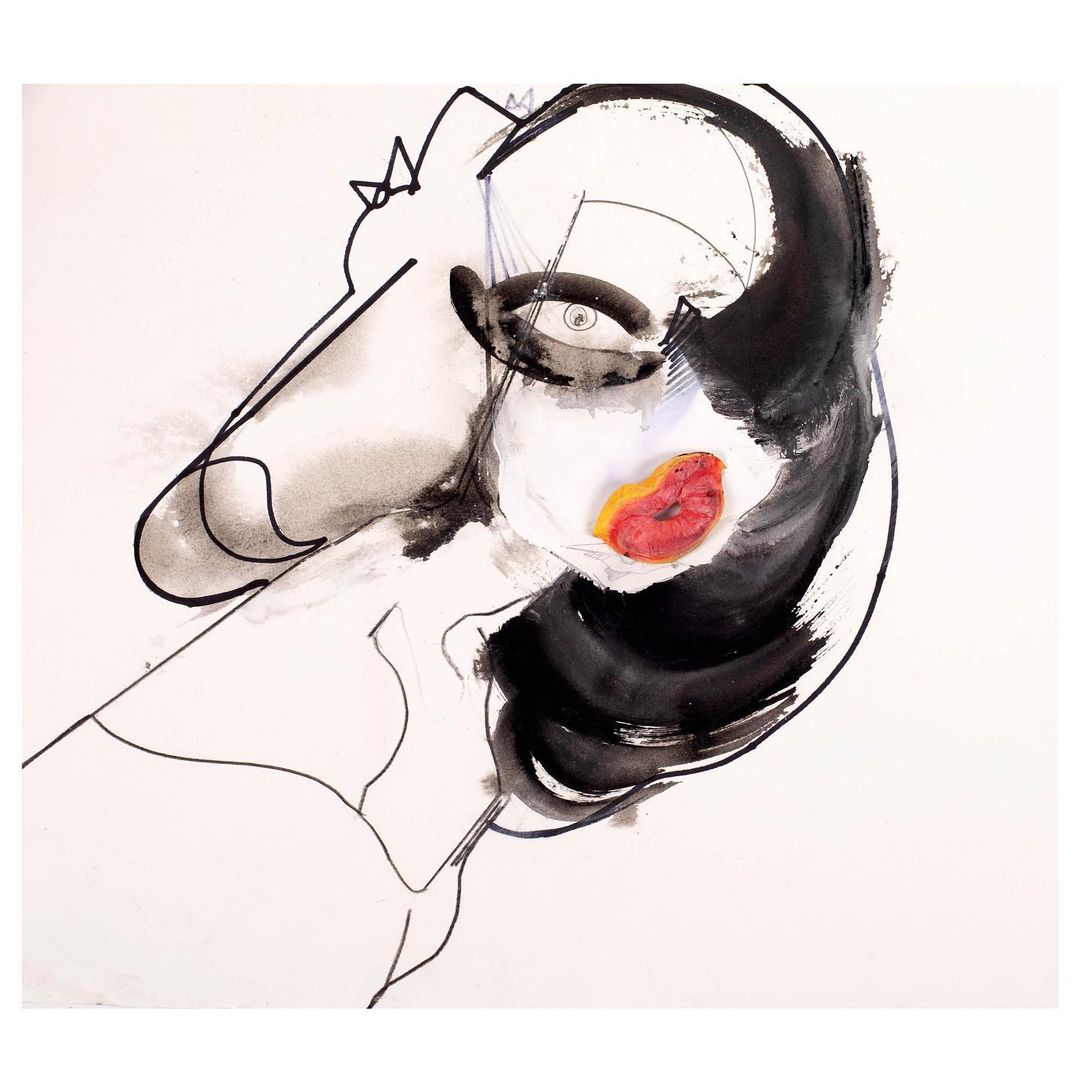 Abstract face painting with expressive lines, bold black strokes, and a splash of vibrant red, set against a clean white backdrop.