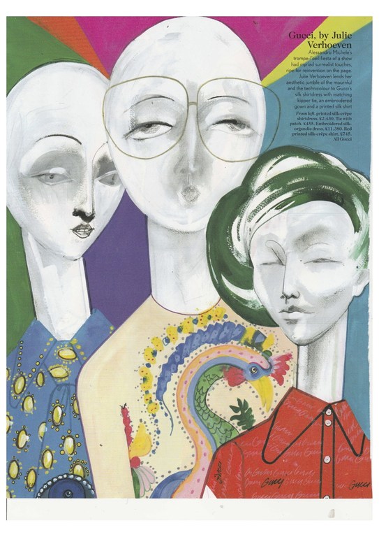 Illustration of three white-faced figures wearing clothing, the middle figure with glasses, set against a colorful abstract background.