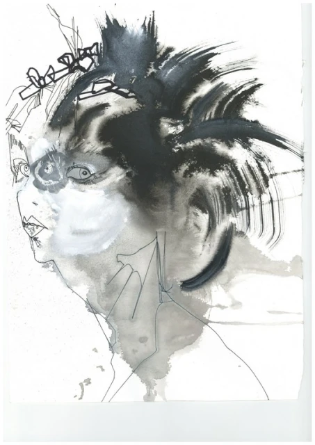 Portrait of a female figure with stylized black hair and white face paint, rendered in watercolor or ink on a white background.