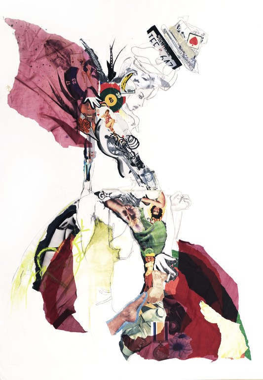 Collage art featuring abstract figures and faces, assembled from paper cutouts, and set against a stark white background.