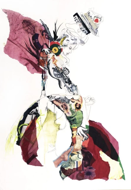 Collage art featuring abstract figures and faces, assembled from paper cutouts, and set against a stark white background.