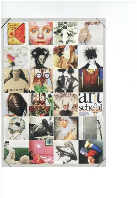Collage of 24 diverse art images in a white frame featuring portraits, figures, still life, and typography against a white backdrop.