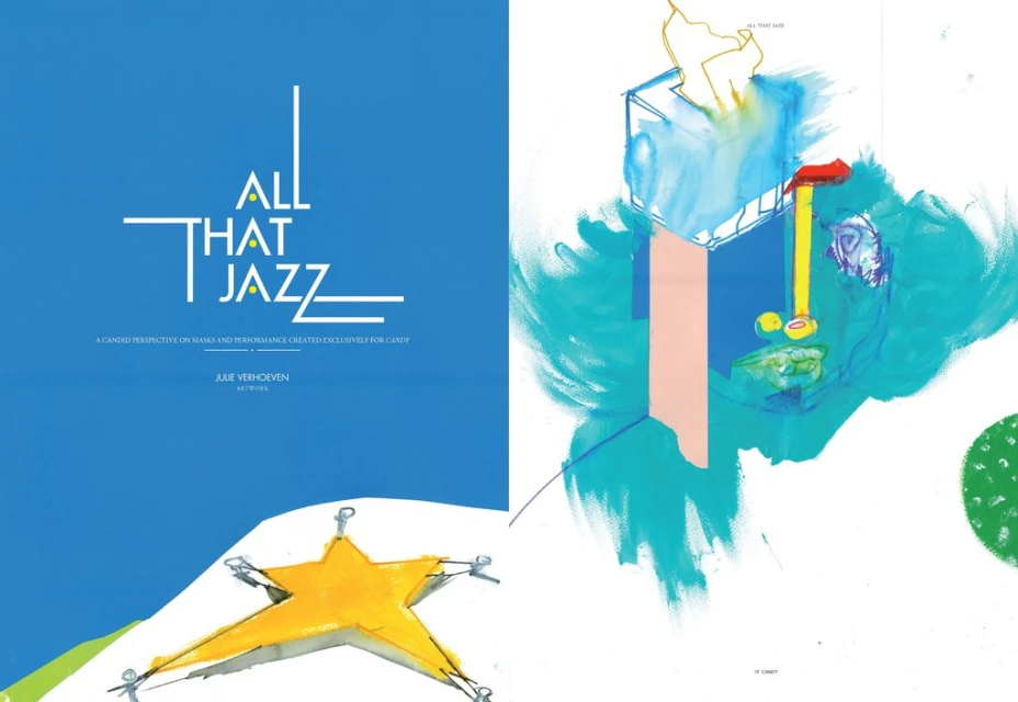 Artwork featuring abstract forms and geometric shapes, with 'All That Jazz' typography on a blue background, and a yellow star graphic.