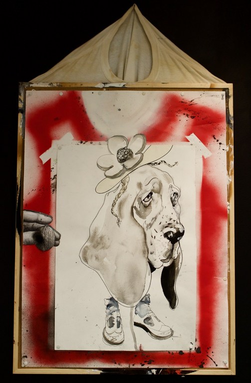 Surreal illustration of a dog wearing a flower hat and shoes, spray painted onto a framed canvas against a black background.