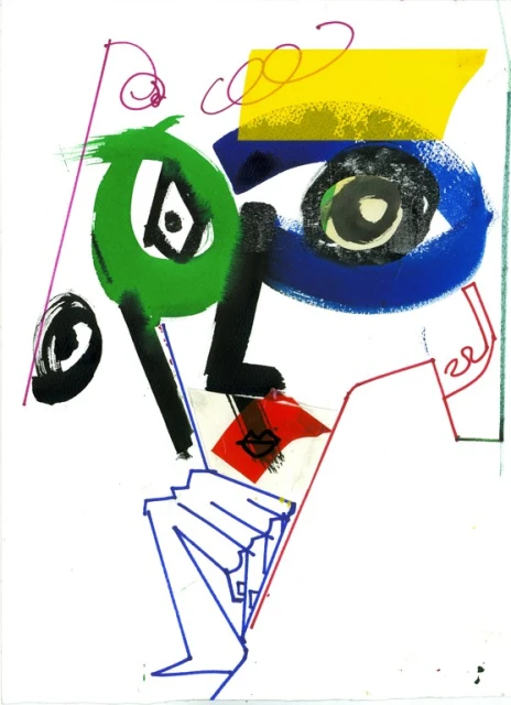 Colorful abstract portrait with mixed media, featuring paint strokes, graphic lines, and vibrant colors on a white background.