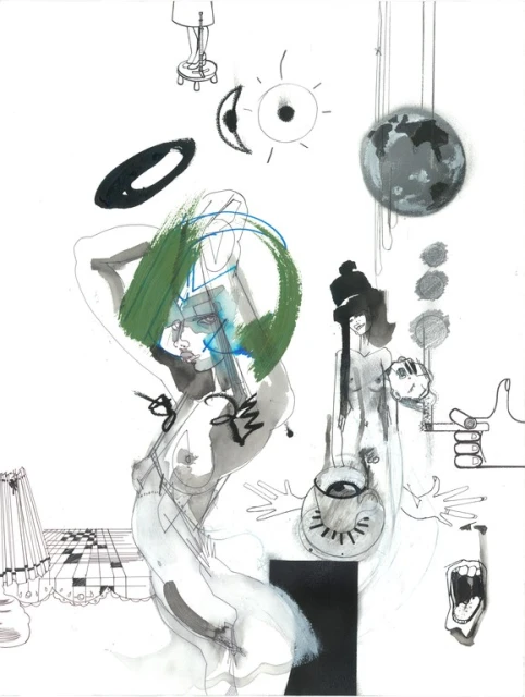 Artistic illustration featuring two stylized female figures, rendered with a blend of watercolor and ink, set against a white background.