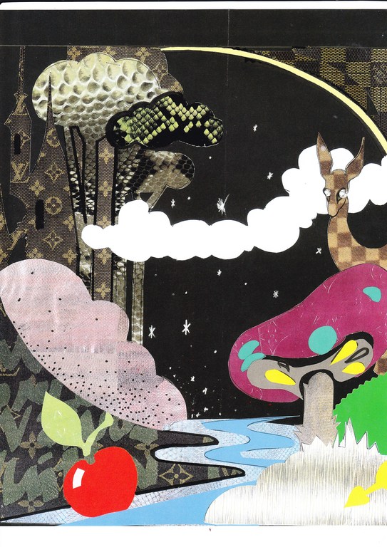 Collage-style artwork featuring a mushroom, deer, apple, and castle against a night sky, blending natural elements with abstract design.