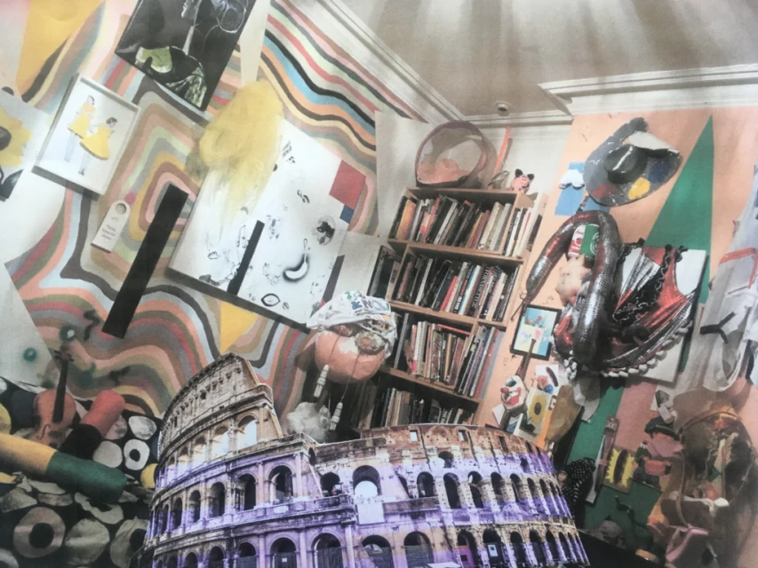 Collage of various images including the Colosseum, books, and artwork creating an abstract and visually busy composition.