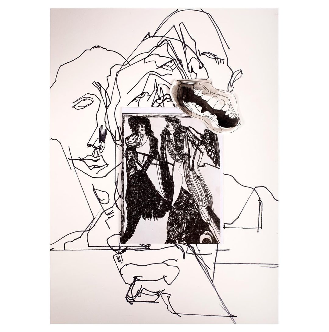 Monochrome fashion collage featuring outlined faces, fashion sketches, and a pair of teeth against a stark white backdrop.