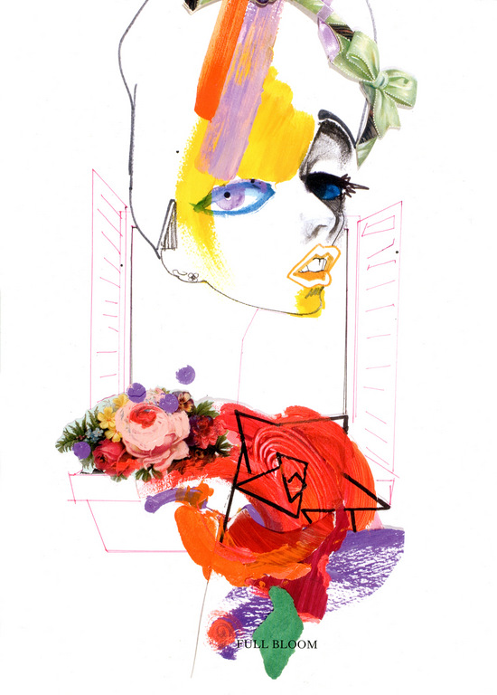 Illustration of a woman's face with colorful brushstrokes and floral accents near a window with bright flowers, a vibrant and artistic image.