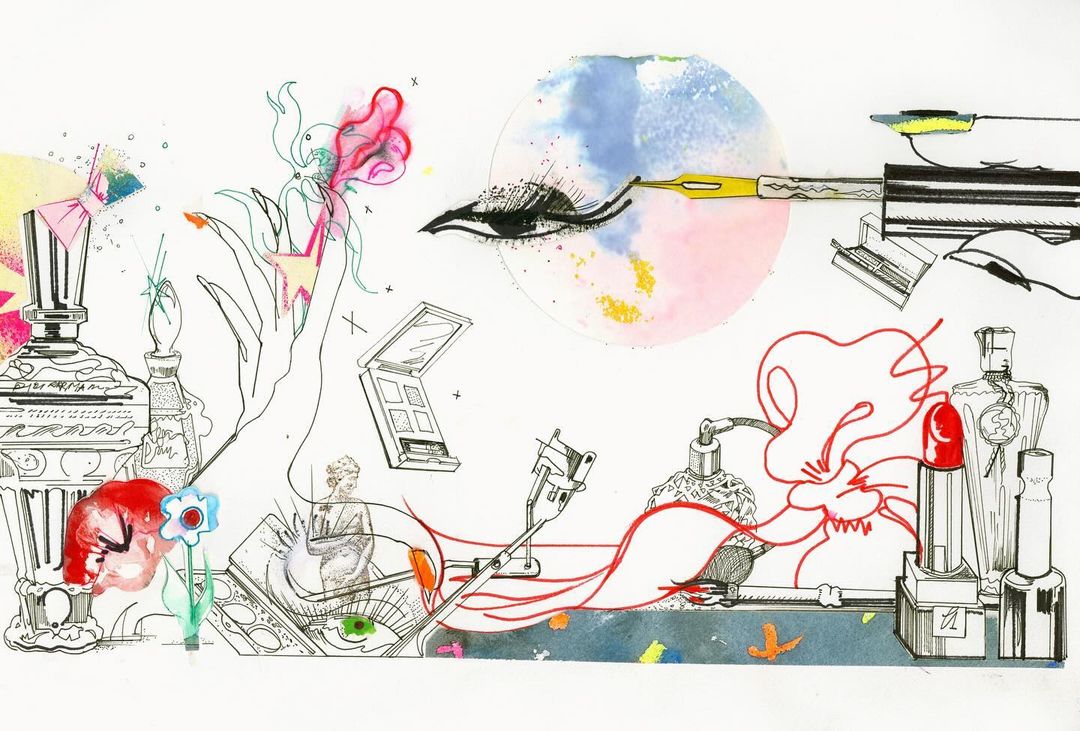 Fashion illustration of makeup and perfume bottles with watercolor accents and black line details, set against a white background.