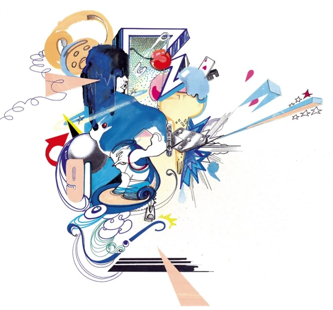 Stylized illustration with cartoon figures, playing cards, cherries, and abstract geometric shapes, featuring blue, yellow, and white colors.