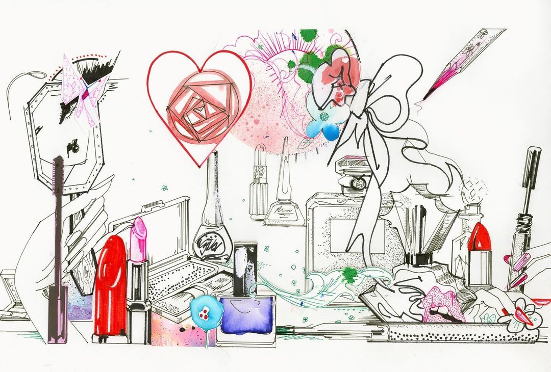 Illustration of assorted makeup items, including lipstick, mascara, nail polish, perfume, and a mirror, arranged against a white background.