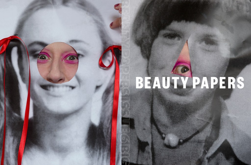 Surreal beauty collage featuring an adult woman with bold pink makeup peeking through cutouts on black-and-white vintage portraits.