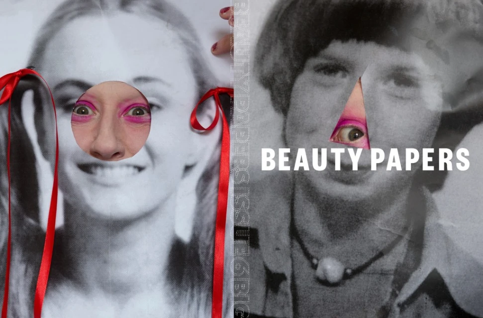 Surreal beauty collage featuring an adult woman with bold pink makeup peeking through cutouts on black-and-white vintage portraits.