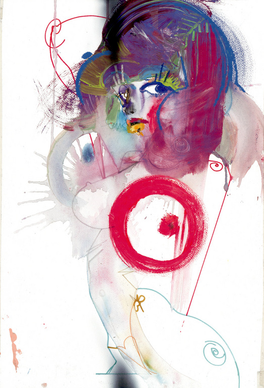 Expressive watercolor-style illustration of a woman with colorful hair and striking eyes, set against a clean white background.