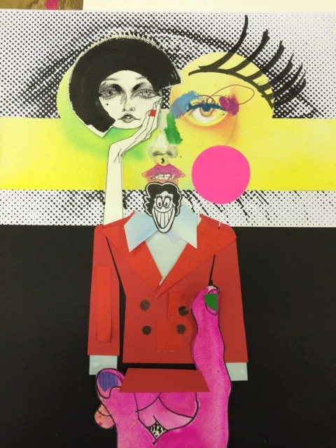 Surreal collage art featuring fragmented fashion magazine faces and a cartoon figure, showcasing unique paper art technique and bold color contrasts.