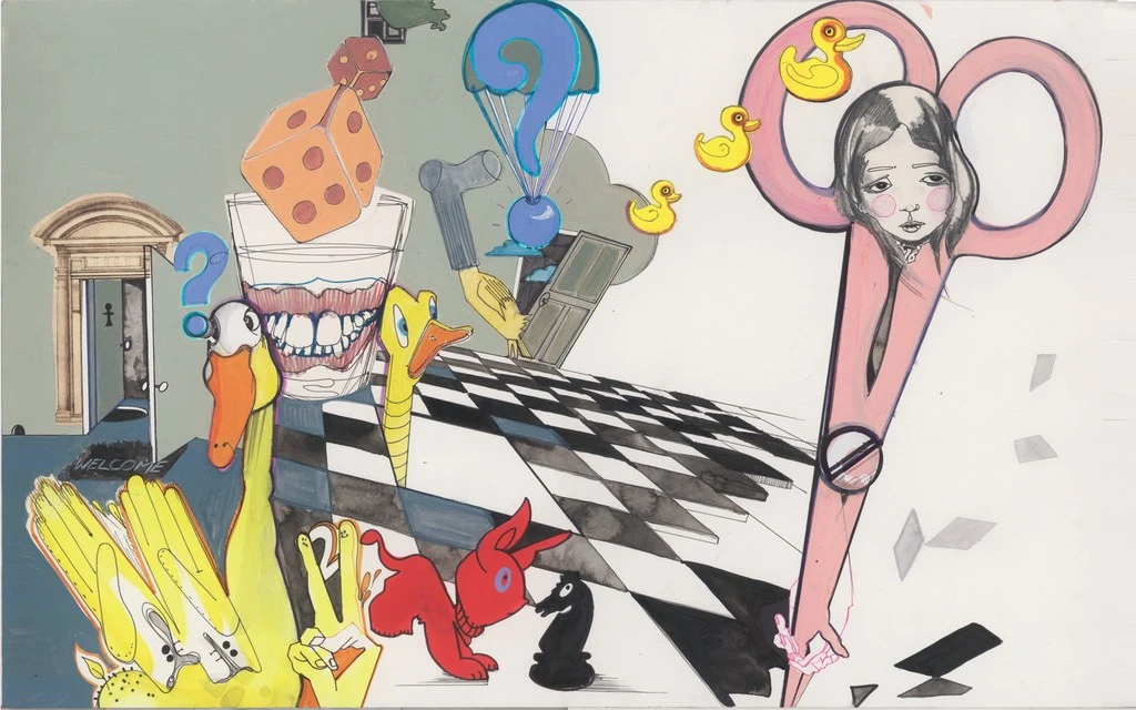 Surreal illustration with scissors, rubber ducks, dice, teeth in a glass, and checkered ground. Hand-drawn style with dreamlike elements.