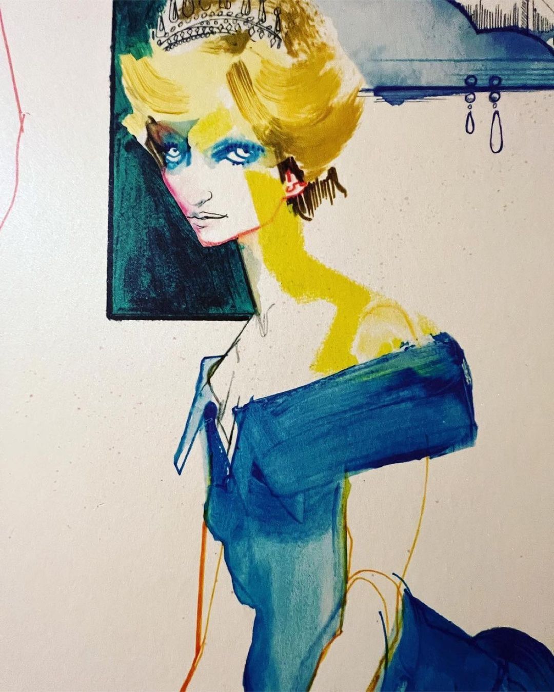 Illustration of a fair-skinned woman with blonde hair wearing a blue dress and tiara, created in a painterly style.