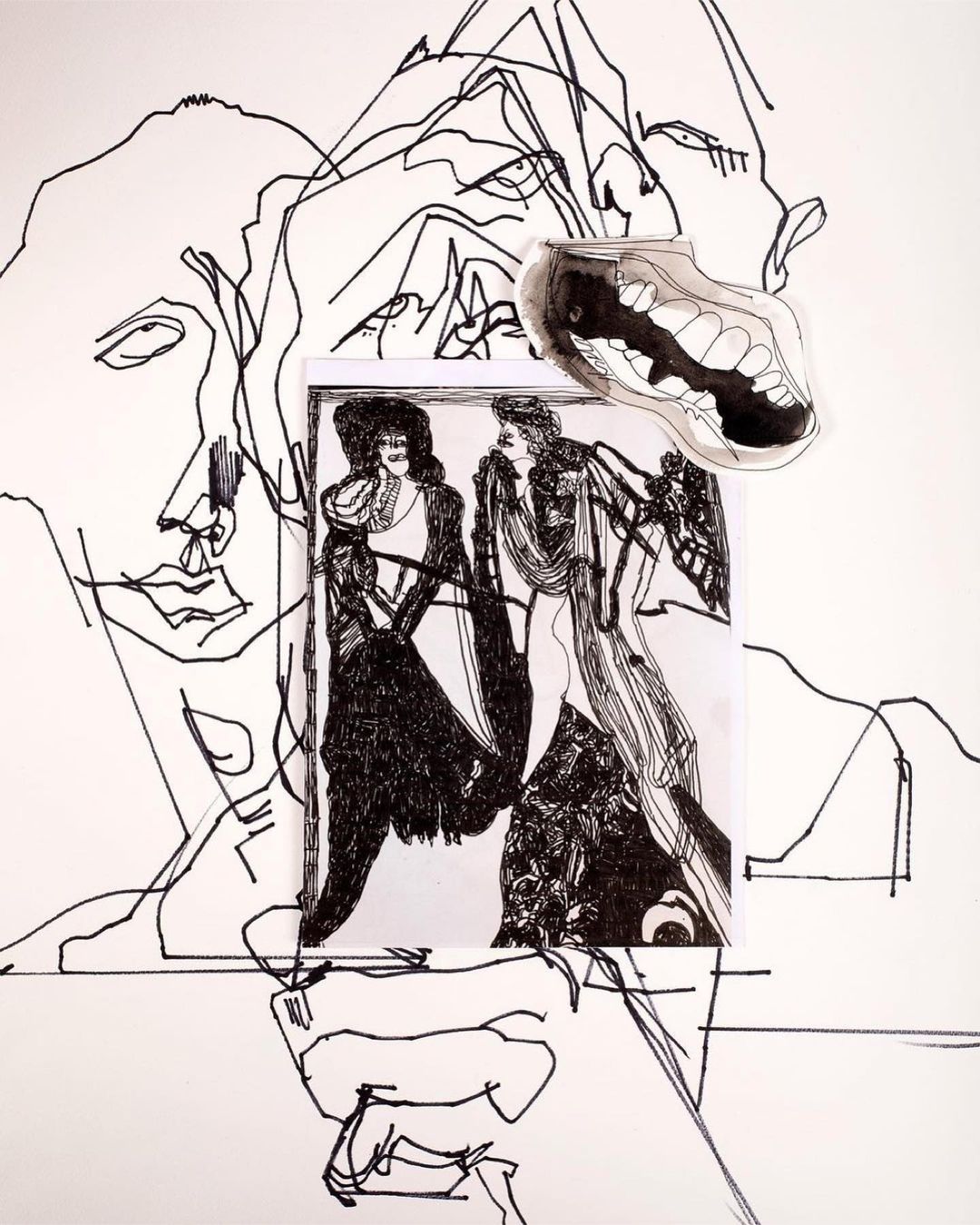 Artistic black-and-white illustration with line drawings of faces and figures, creating a collage-like effect on a white background.
