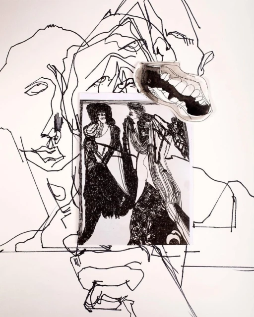 Artistic black-and-white illustration with line drawings of faces and figures, creating a collage-like effect on a white background.