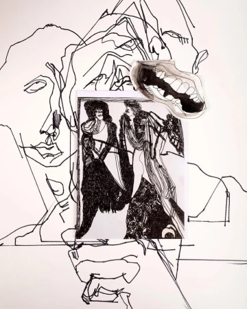 Artistic black-and-white illustration with line drawings of faces and figures, creating a collage-like effect on a white background.