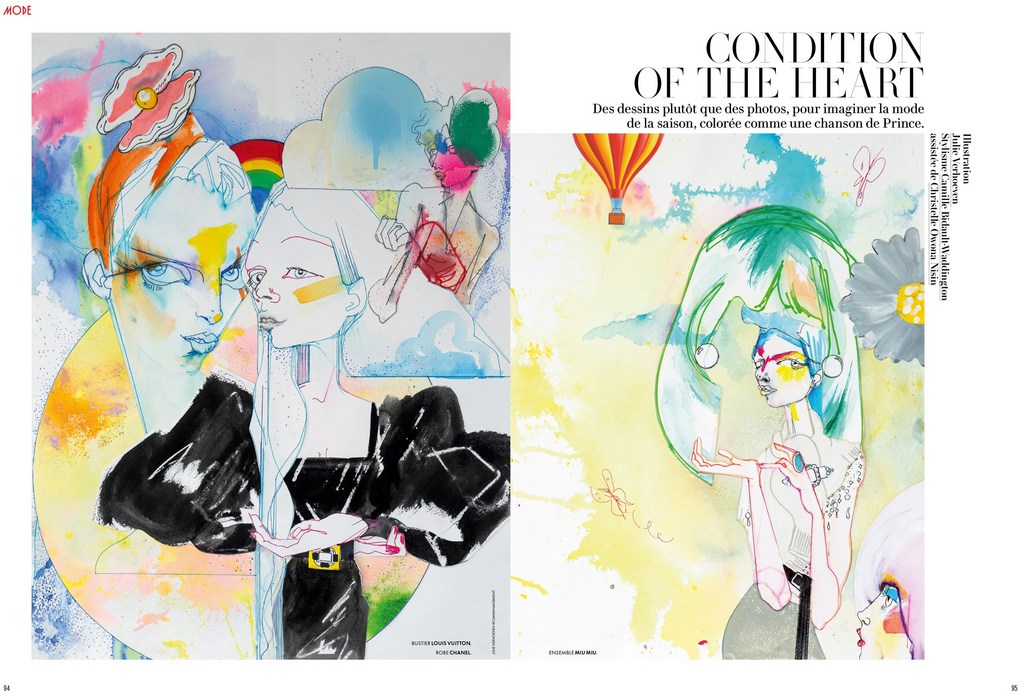 Fashion illustration of two stylized women with bright watercolor accents, one wearing a black dress and the other with a floral headpiece.