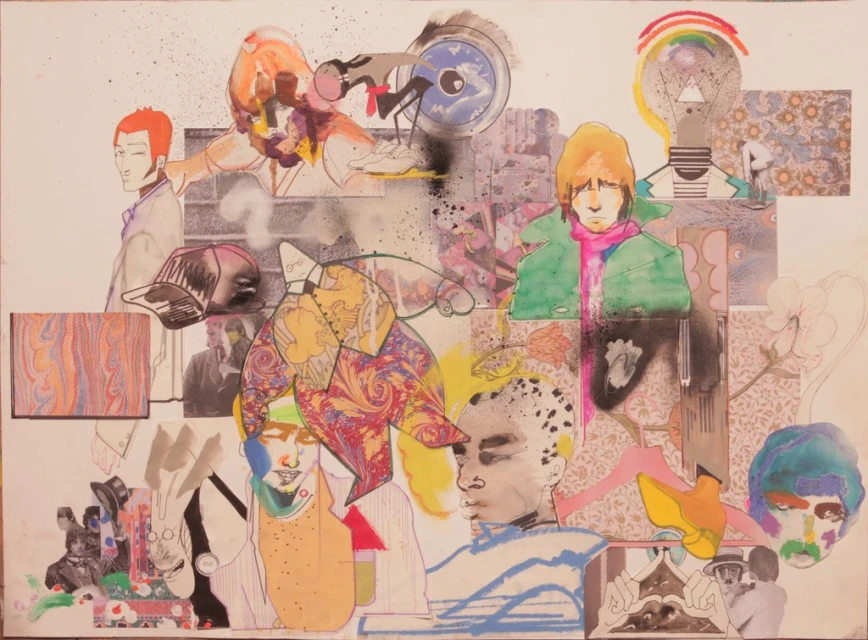 Collage of illustrated and photographic elements with several human faces, a bicycle, and geometric patterns on a white background.