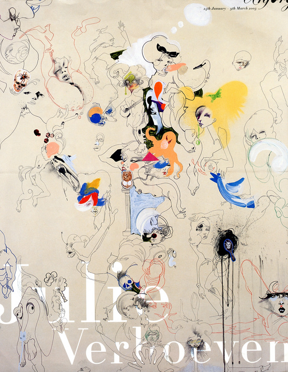 Illustration-style artwork featuring human figures and faces with whimsical designs and surreal elements on a light beige background.