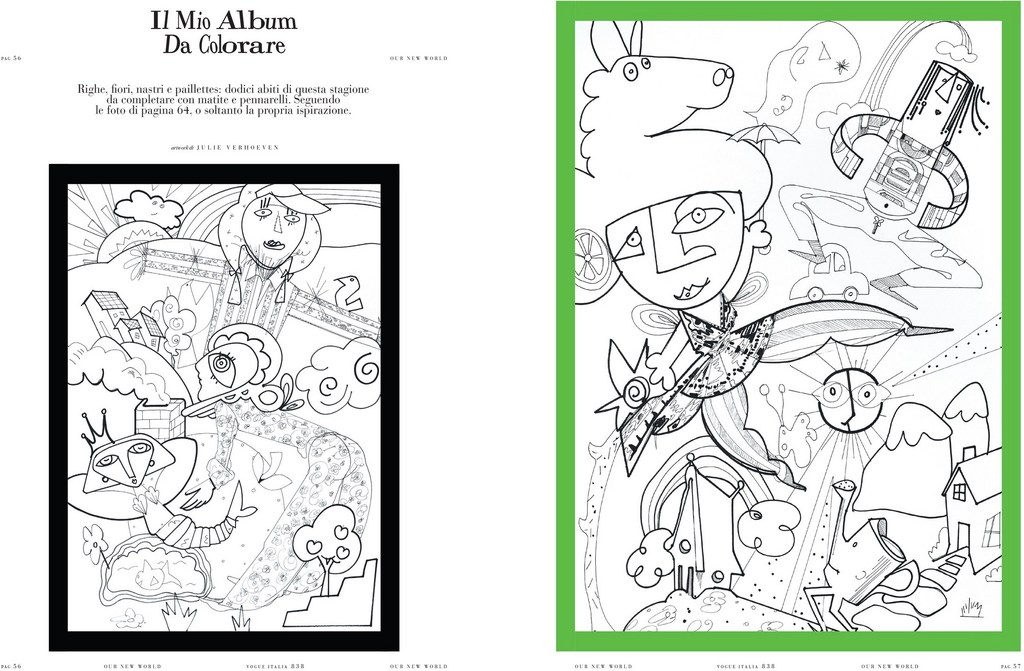 Black and white illustration of stylized figures, houses, and landscapes on facing pages in a coloring book with Italian text.