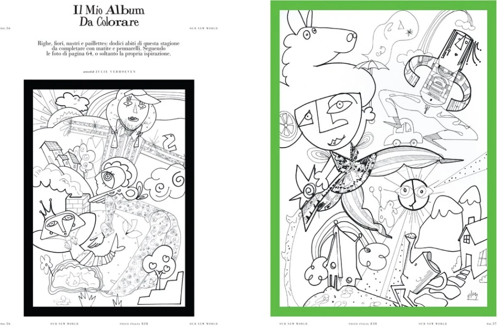 Black and white illustration of stylized figures, houses, and landscapes on facing pages in a coloring book with Italian text.
