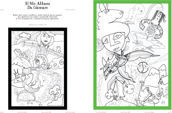 Black and white illustration of stylized figures, houses, and landscapes on facing pages in a coloring book with Italian text.