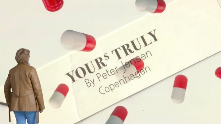 A woman stands facing a giant letter with the text 'Yours Truly,' pills floating in the air, creating a surreal visual narrative.