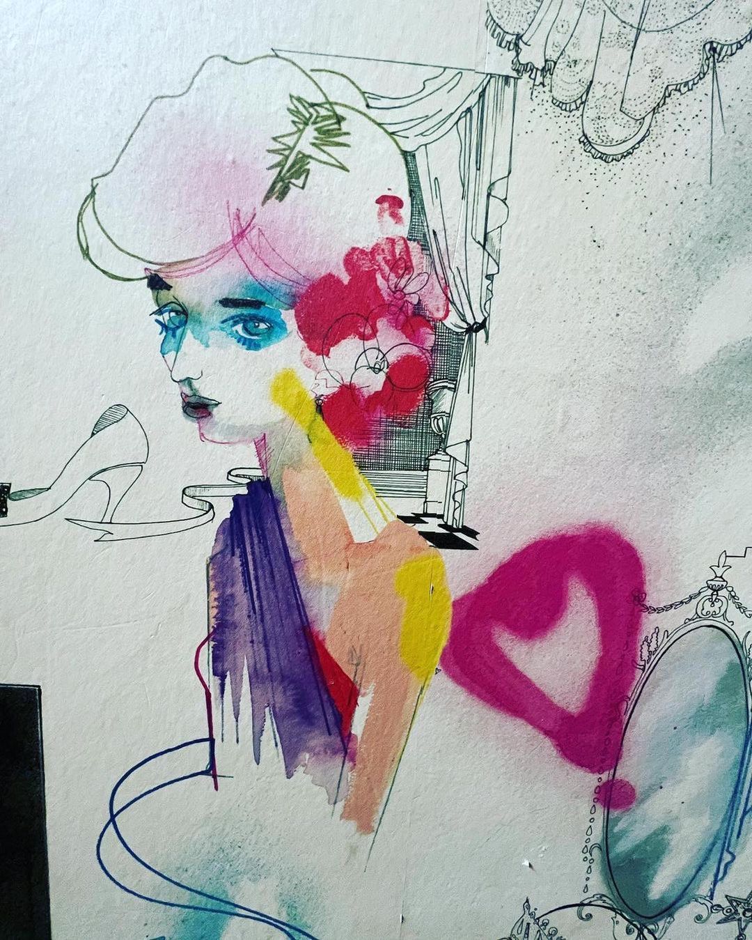 Watercolor painting of a woman with a floral hairpiece, high heels, and a mirror. The artwork has a surreal, dreamlike aesthetic.