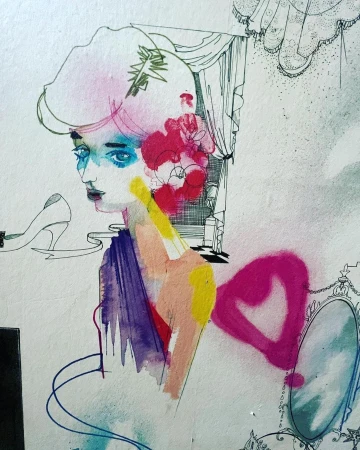 Watercolor painting of a woman with a floral hairpiece, high heels, and a mirror. The artwork has a surreal, dreamlike aesthetic.