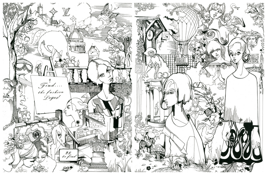 Black and white fashion illustration featuring stylized figures, fashion logos, and architectural elements, with a hand-drawn aesthetic.