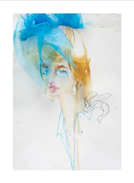 Illustration of a woman with a blue hat and blonde hair, rendered in watercolor and pencil on a white background. Fashion and beauty.