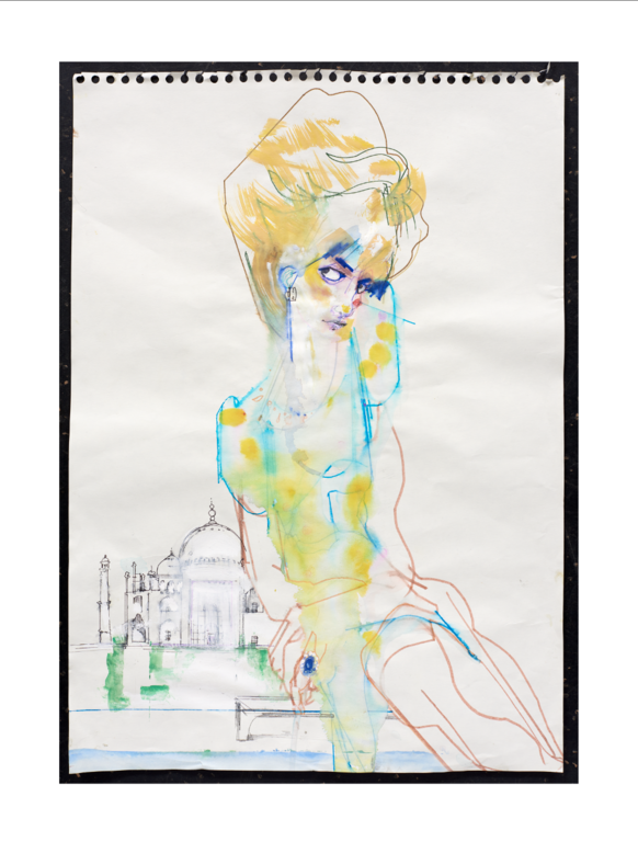Figure drawing in mixed media of a woman with a high blonde hairstyle in front of the Taj Mahal on notebook paper with black frame.