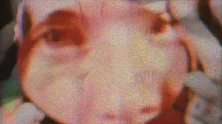 Close-up of a human face with a grainy texture, featuring a mix of red, white, and peach tones, creating an abstract and textured composition.