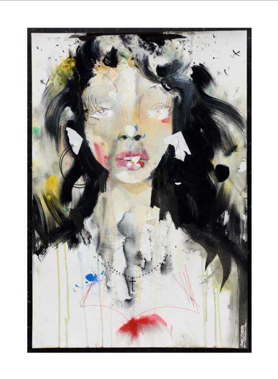 Painting of a woman's face with black hair, red lips, and white skin tones, created with loose brushstrokes and a watercolor effect.
