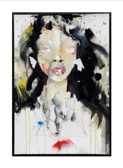 Painting of a woman's face with black hair, red lips, and white skin tones, created with loose brushstrokes and a watercolor effect.