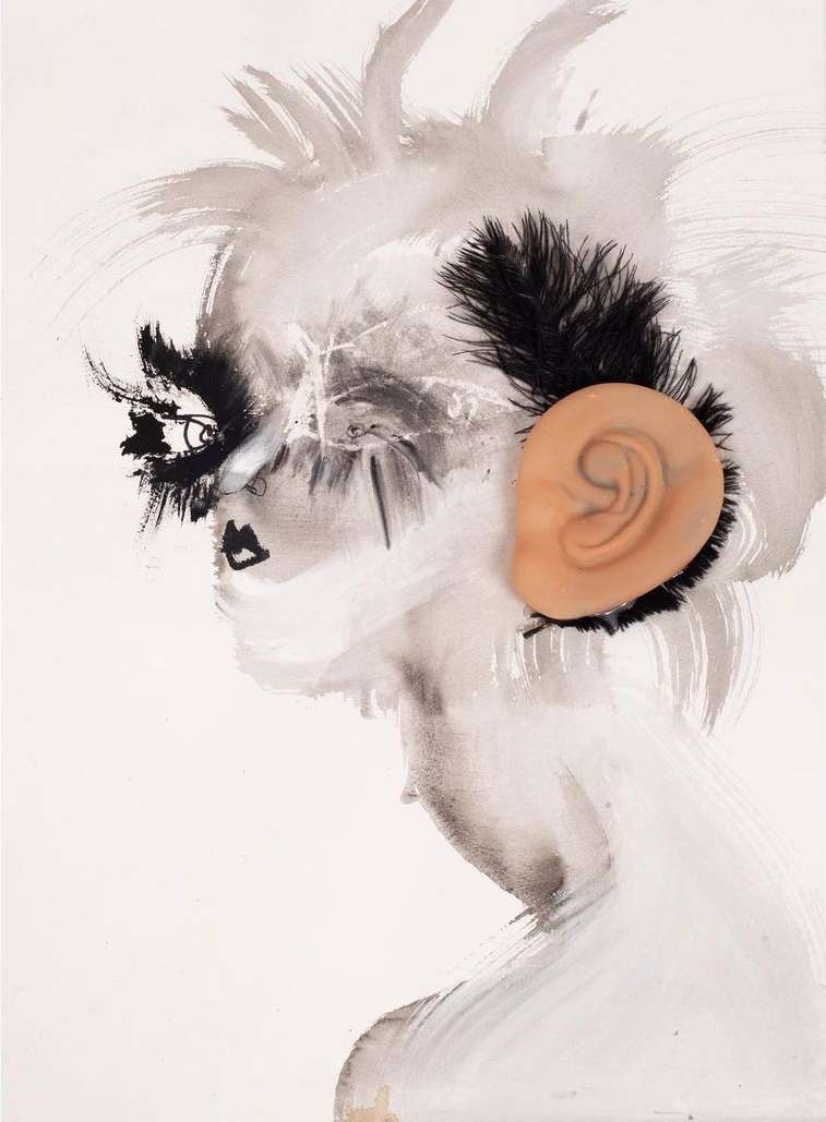 Artistic rendering of a woman's profile with face paint and an artificial ear. Black and white tones dominate the illustrative painting.