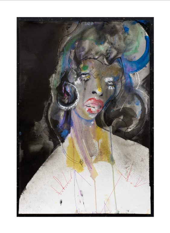 Painting of a person with dark skin, prominent red lips, and white makeup around their eyes, adorned with large hoop earrings.