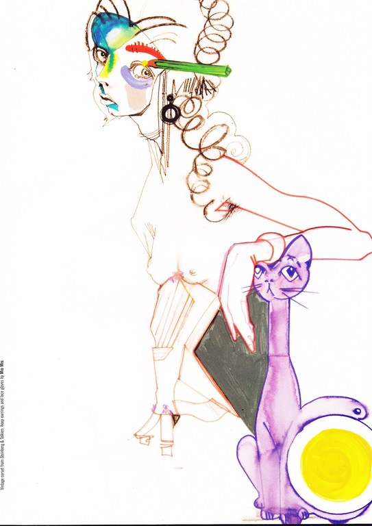 A woman in an artistic drawing with colorful makeup and earrings, positioned next to a long-necked cat-shaped object.